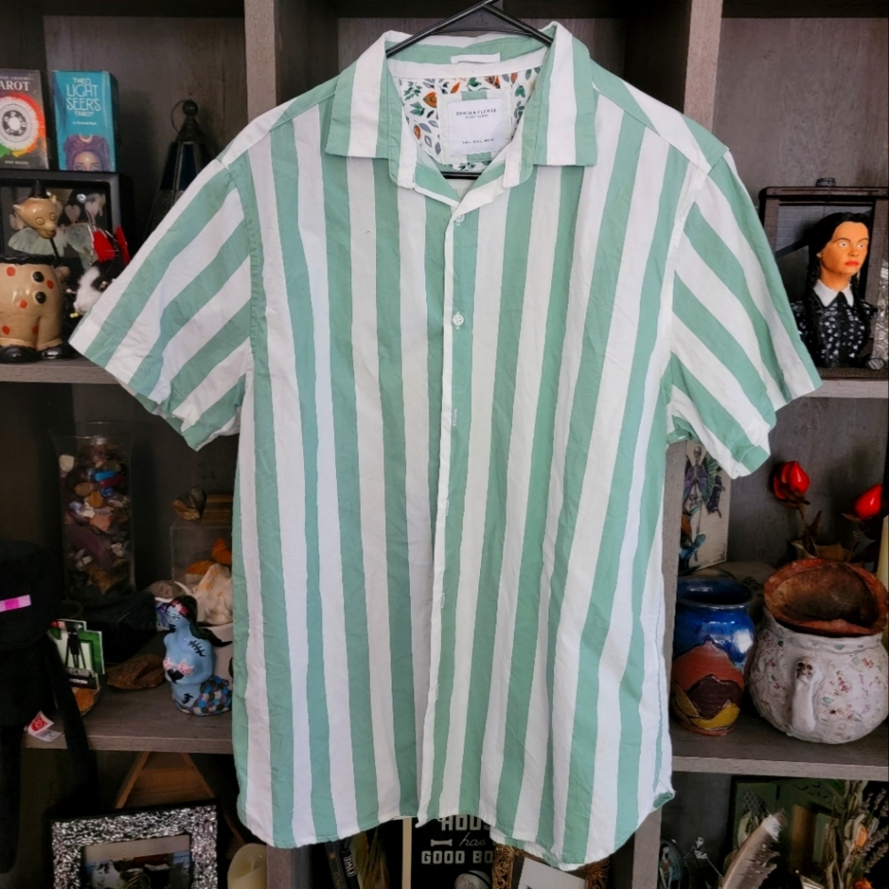 Denim & Flower short sleeve button-up shirt, light green and white stripes